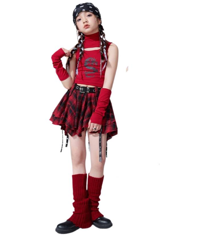 friendly4kid ชุดเต้น เซ็ตเสื้อแขนยาวดำ+กระโปรง ลายสก๊อต สีแดง ชุดการแสดงคริสมาสต์