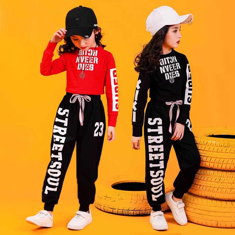 พร้อมส่ง ชุดเต้น ชุดฮิปฮอป สีขาวแขนยาวสีแดง+กางเกง