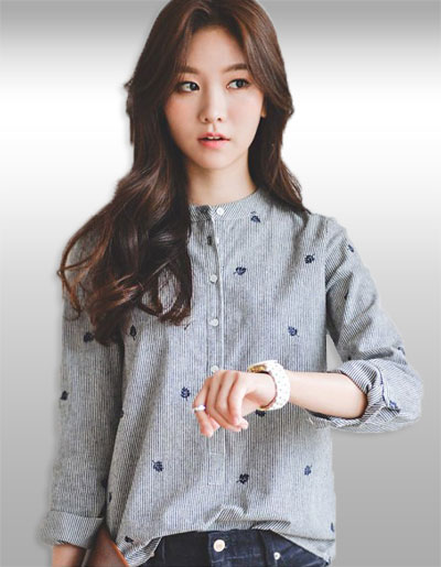 เสื้อเชิ๊ตแฟชั่นคอปิดแต่งลายริ้วสไตล์เกาหลี รหัส2302