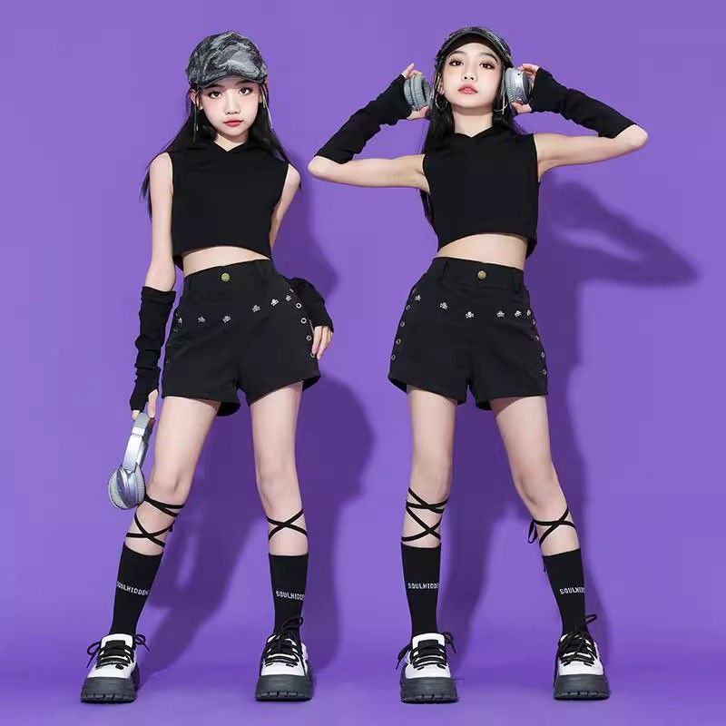 friendly4kid ชุดเต้น HipHop Kids Outfit ชุดเต้นเด็กแฟชั่นเกาหลี Jazz HipHop Costume โทนสีดำ