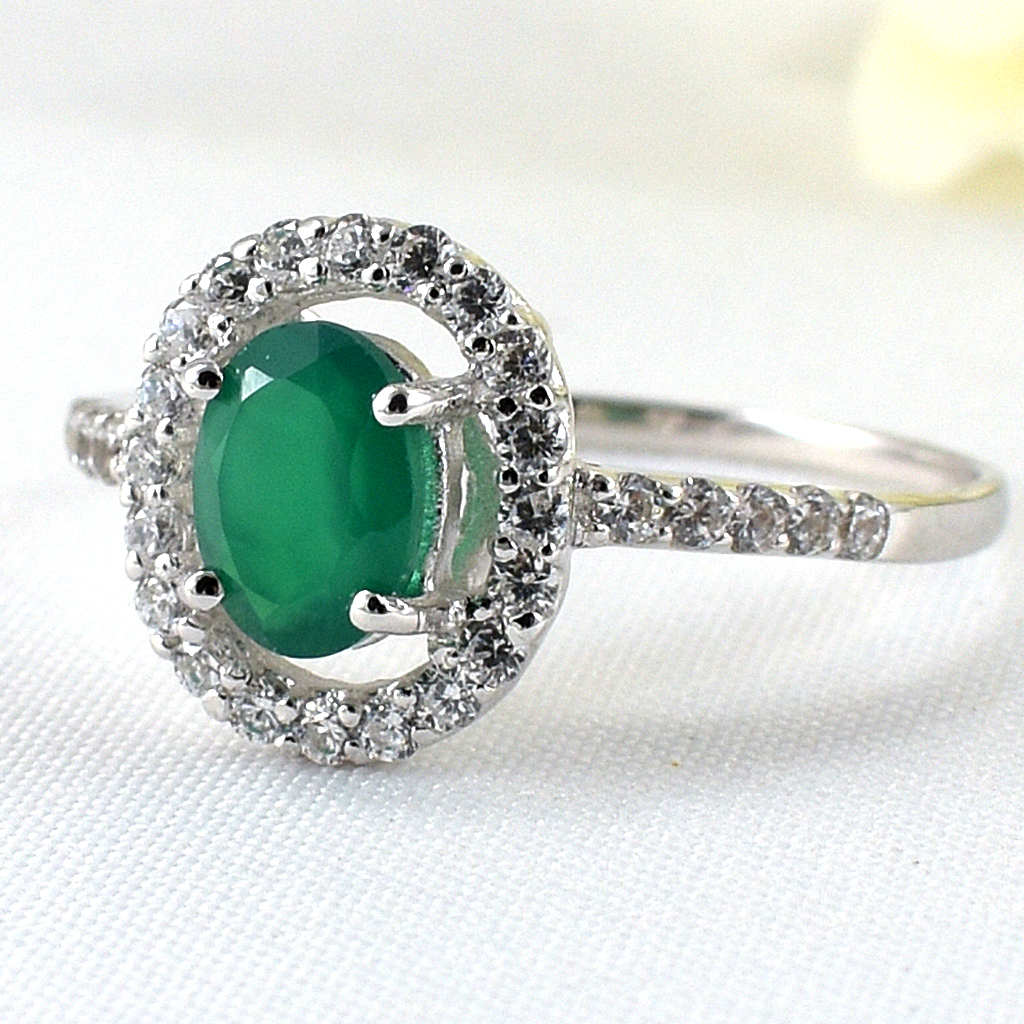 แหวนเงินแท้ราคาถูกชุบทองคำขาว พลอยแท้กรีนอะเกท 0.72 กะรัต เพชรCZ 0.30 กะรัต งานประณีตสวยงาม สั่งผลิตค่ะ