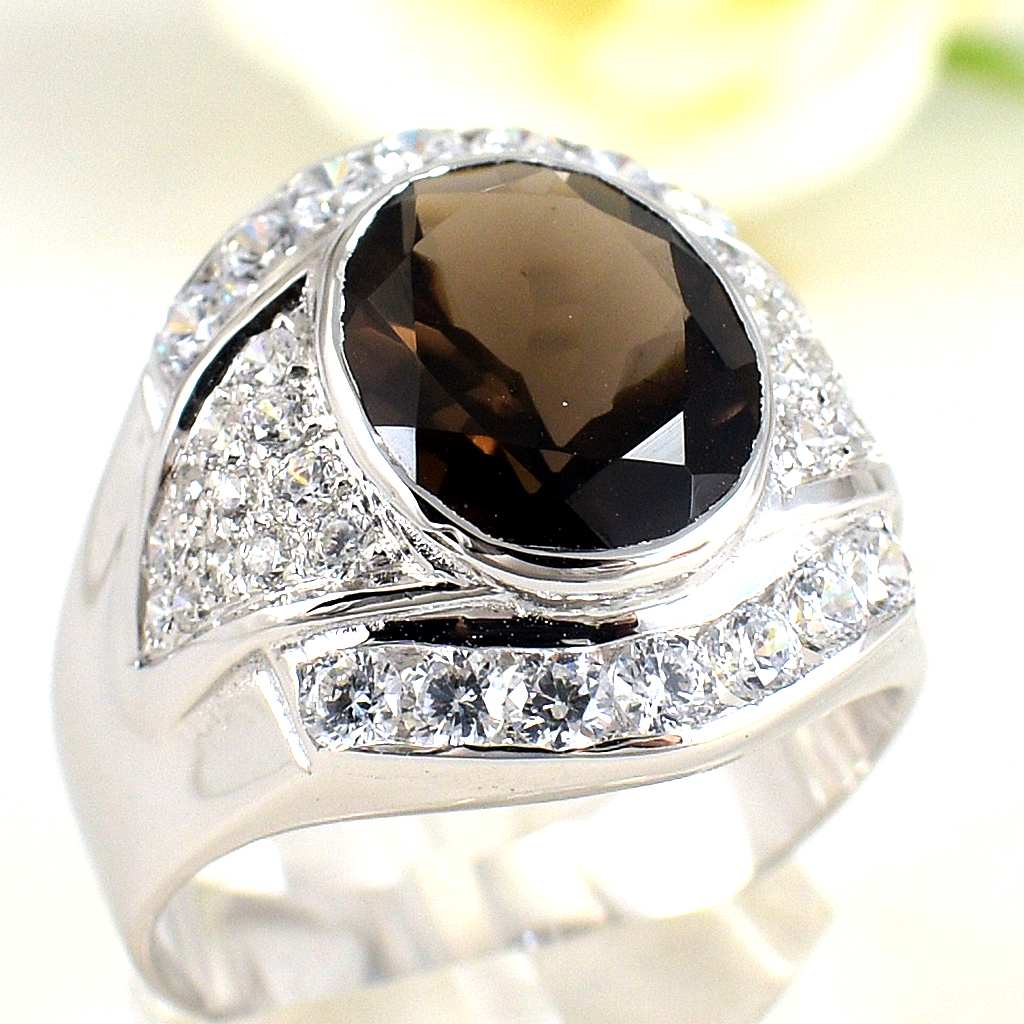 แหวนเงินแท้ราคาถูกชุบทองคำขาว พลอยแท้สโมกกี้ควอทซ์ 4.80 กะรัต เพชรCZ 1.38 กะรัต งานประณีตสวยงาม สั่งผลิตค่ะ