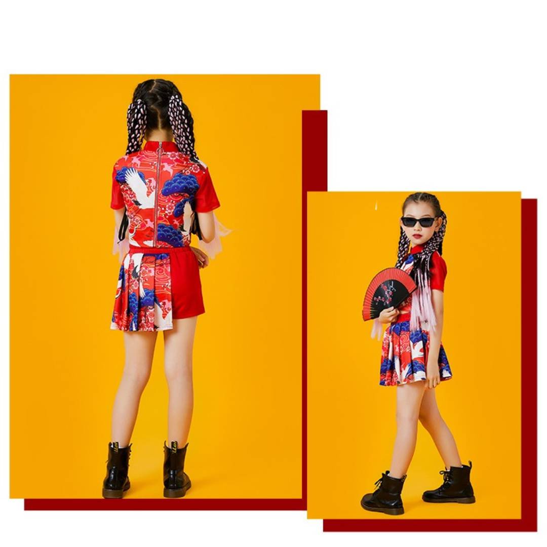 ชุดเต้นเด็ก เซ็ตเสื้อ+กางเกง/กระโปรงสไตล์ญี่ปุ่นสีแดง**สินค้าเปิดจอง