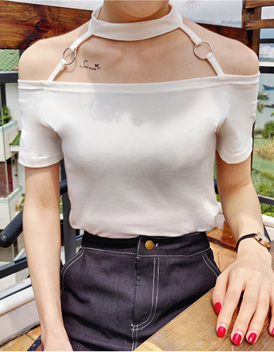 เสื้อครอปแฟชั่นแขนสั้นเปิดไหล่สุดเก๋ แต่งสายคล้องคอสวยปนเซ็กซี่สไตล์เกาหลี รหัส 1607-สีขาว