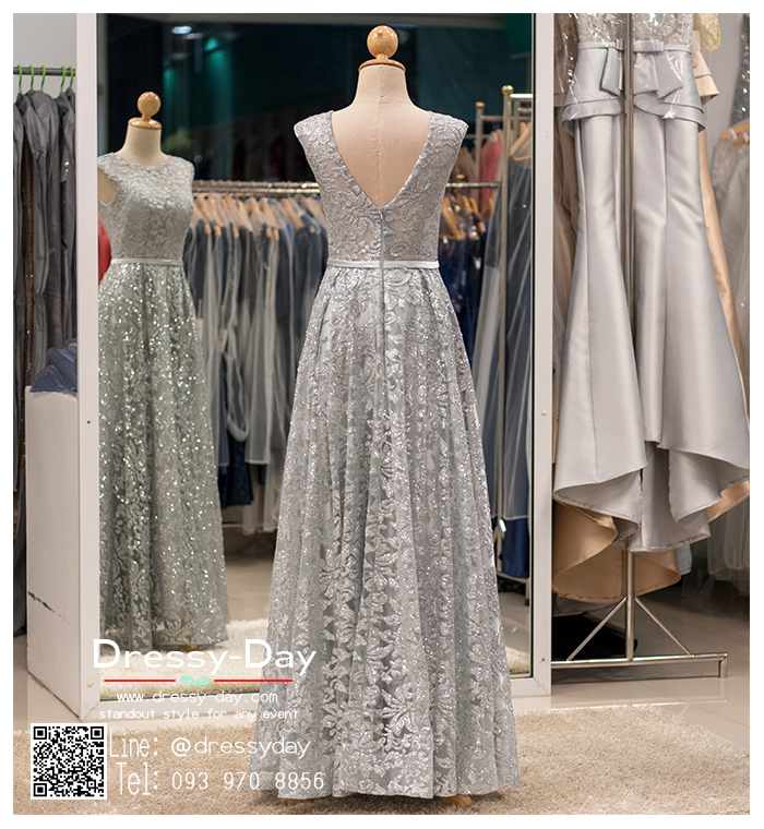 รหัส ชุดราตรี : PFL043A ชุดราตรียาว แขนกุด สีเทาเงิน ใส่ออกงานบายเนียร์ งานพรอม ไปงานแต่งงานกลางคืน งานเดินพรหมแดง งานกาล่าดินเนอร์
