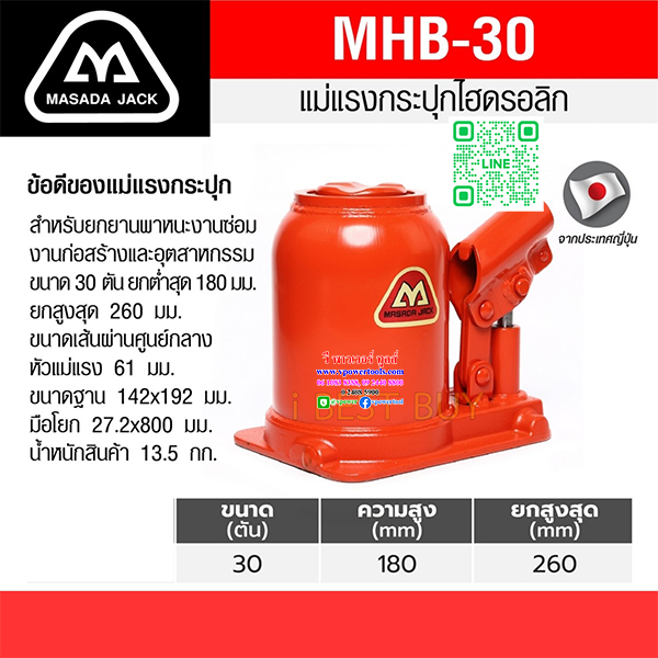MASADA MHB-30 แม่แรงกระปุก ไฮดรอลิก จากญี่ปุ่นแท้ 30ตัน ตัวเตี้ย