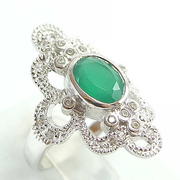 แหวนเงินแท้ราคาถูกชุบทองคำขาว พลอยแท้กรีนอะเกท 1.26 กะรัต เพชรCZ 0.20 กะรัต งานประณีตสวยงาม สั่งผลิตค่ะ