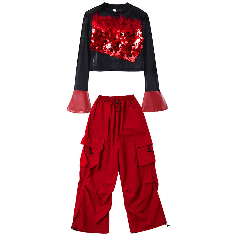 พร้อมส่ง ชุดเต้น เซ็ต เสื้อ+กางเกงขายาว คาร์โก้ หนัง สไตล์ Y2K