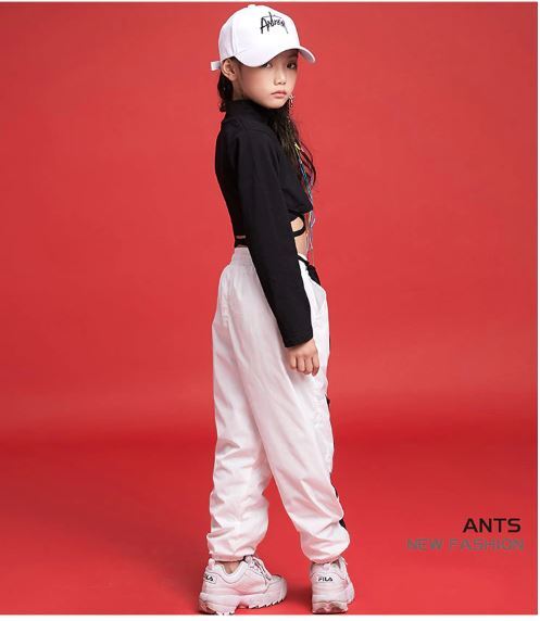 ชุดเต้น ชุดแดนซ์ เสื้อเอวลอยสีดำ+กางเกงขายาวสีขาว