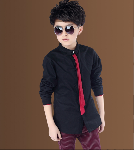 สินค้าพร้อมส่ง เสือแขนยาว เสื้อเชิ๊ต เด็ก สีพื้น พร้อมเนคไทด์