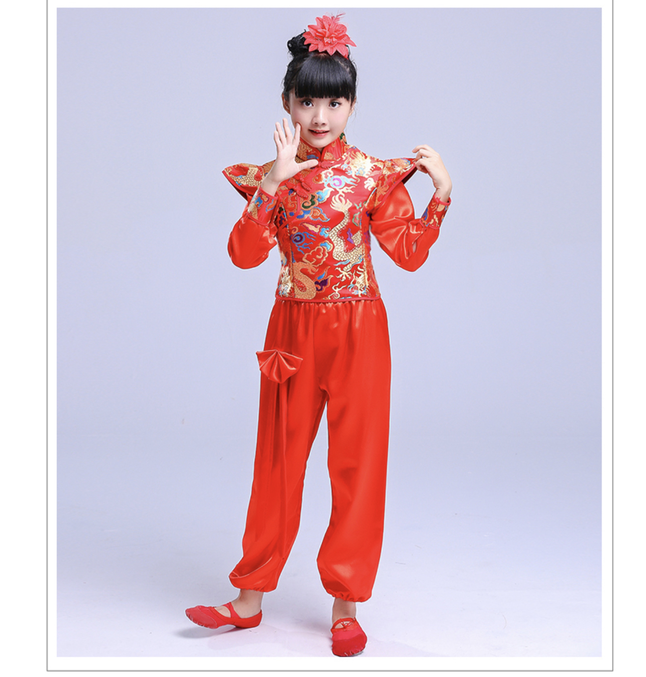 ชุดจีน กี่เพ้าแขนกุด แขนยาว+กางเกง สีแดง-สีเหลือง