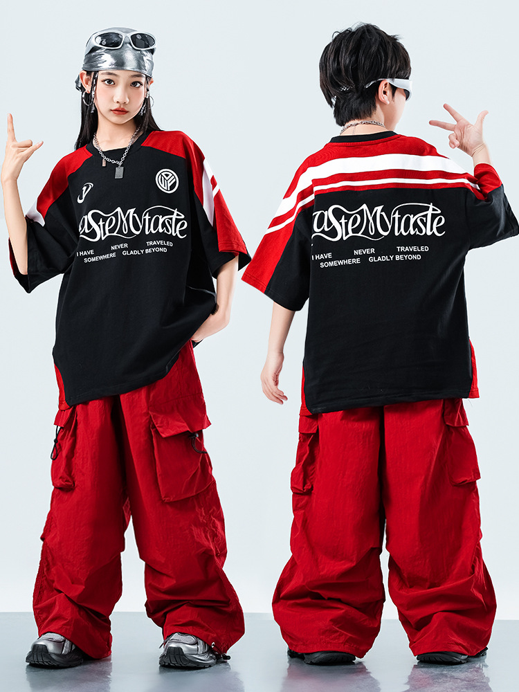 Friendly4kidชุดเต้นเด็กชาย/หญิง set เสื้อ+กางเกง สีดำ-แดงสไตล์สตรีทแดนซ์