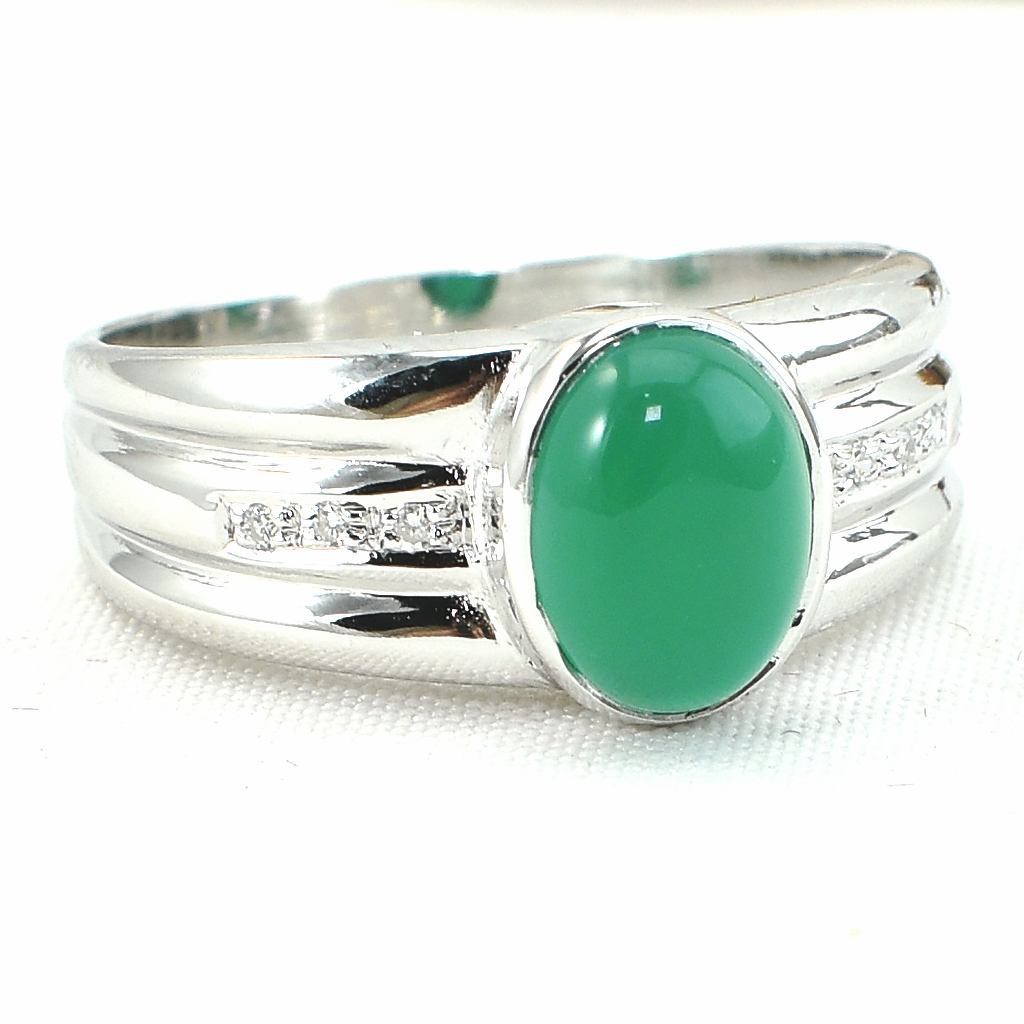 แหวนเงินแท้ราคาถูกชุบทองคำขาว พลอยแท้กรีนอะเกท 1.25 กะรัต เพชรCZ 0.06 กะรัต งานประณีตสวยงาม สั่งผลิตค่ะ