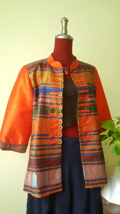 SIVA เสื้อคลุ้มผ้าไหมไทยตกแต่งวัสดุเหลือใช้ SIVA (ส่งฟรี) ดำ,น้ำตาล,ชมภู่,ฟ้า,แดงเลือดหมู M,L,XL,XXL