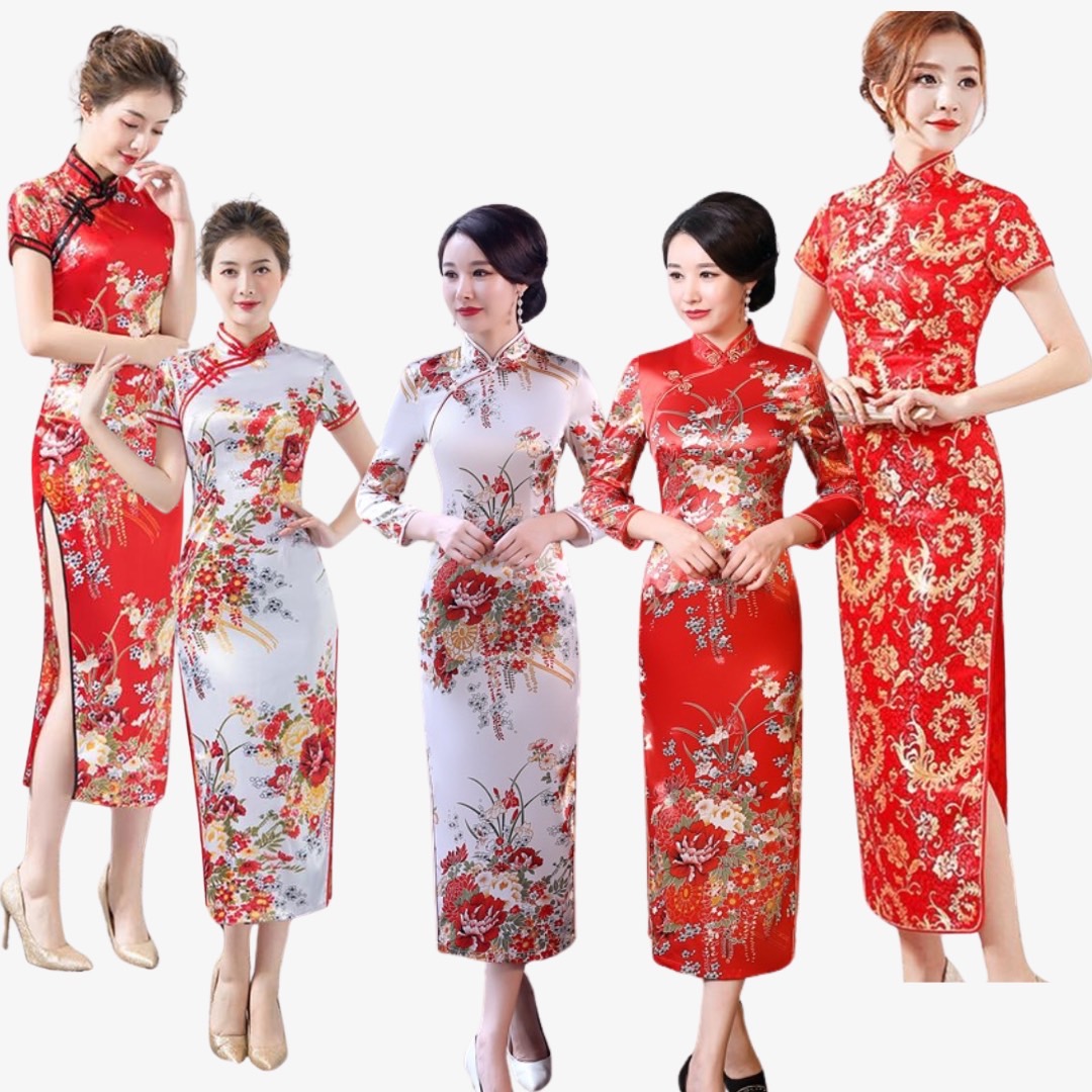 ชุดจีนกี่เพ้าลายดอก ผู้ใหญ่ผ่าข้างยาวแขนสั้น ยาว