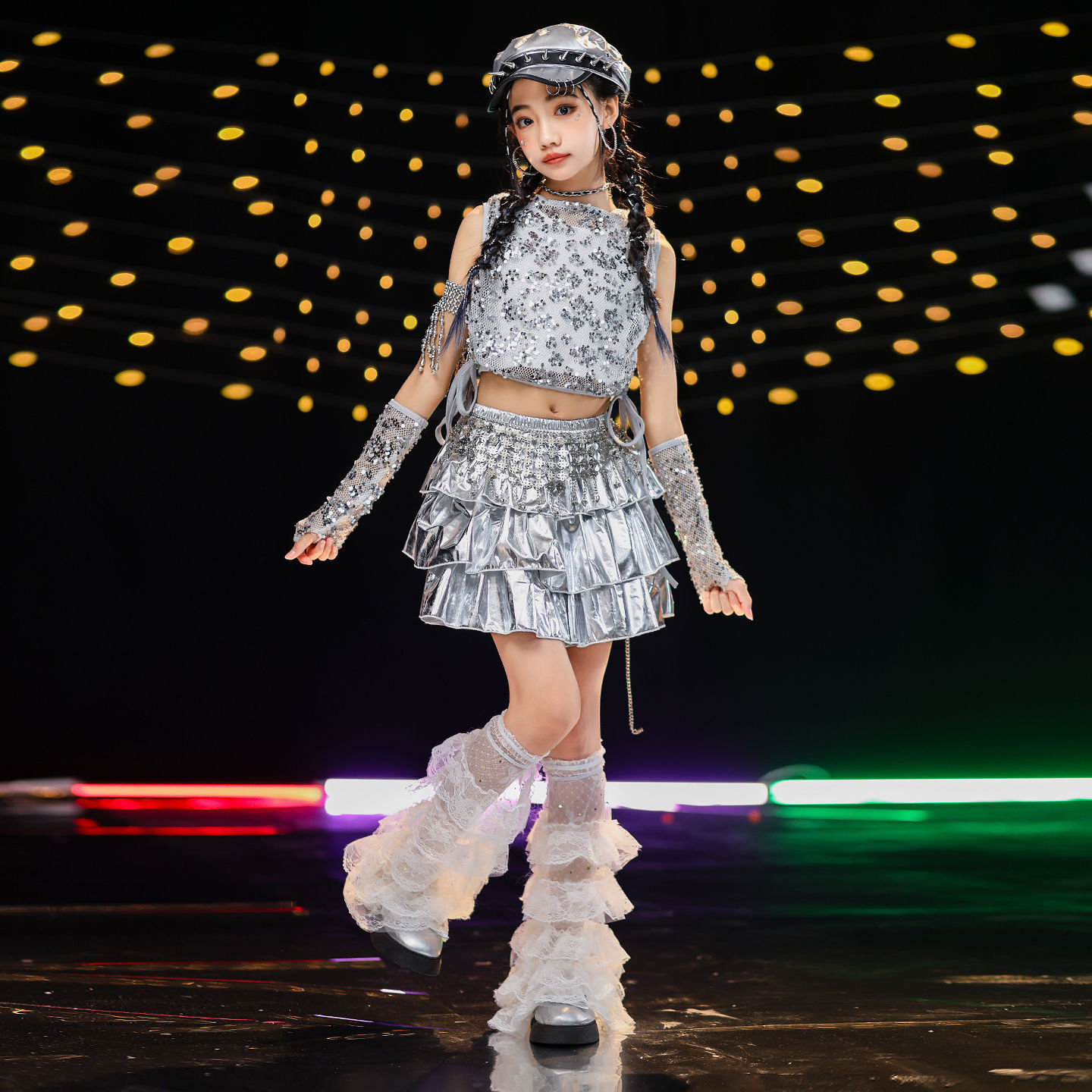 friendly4kid ชุดเต้น เด็กหญิง เซ็ต เสื้อเงิน+กระโปรงระบาย/กางเกง**รอเข้า