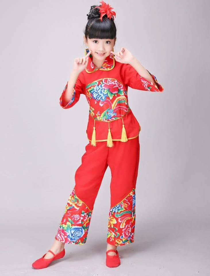 ชุดจีน กี่เพ้าแขนยาวระบายขน+กางเกงขายาว สีแดง