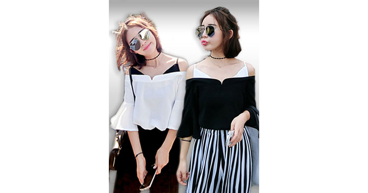 เสื้อแฟชั่นสายเดี่ยวโชว์ไหล่แบบสวยหวานรหัส1464