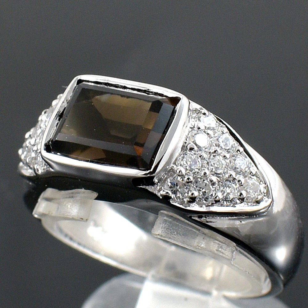 แหวนเงินแท้ราคาถูกชุบทองคำขาว พลอยแท้สโมกกี้ควอทซ์ 2.80 กะรัต เพชรCZ 0.50 กะรัต งานประณีตสวยงาม สั่งผลิตค่ะ