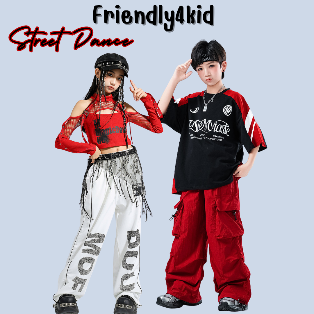 Friendly4kidชุดเต้นเด็กชาย/หญิง set เสื้อ+กางเกง สีดำ-แดงสไตล์สตรีทแดนซ์