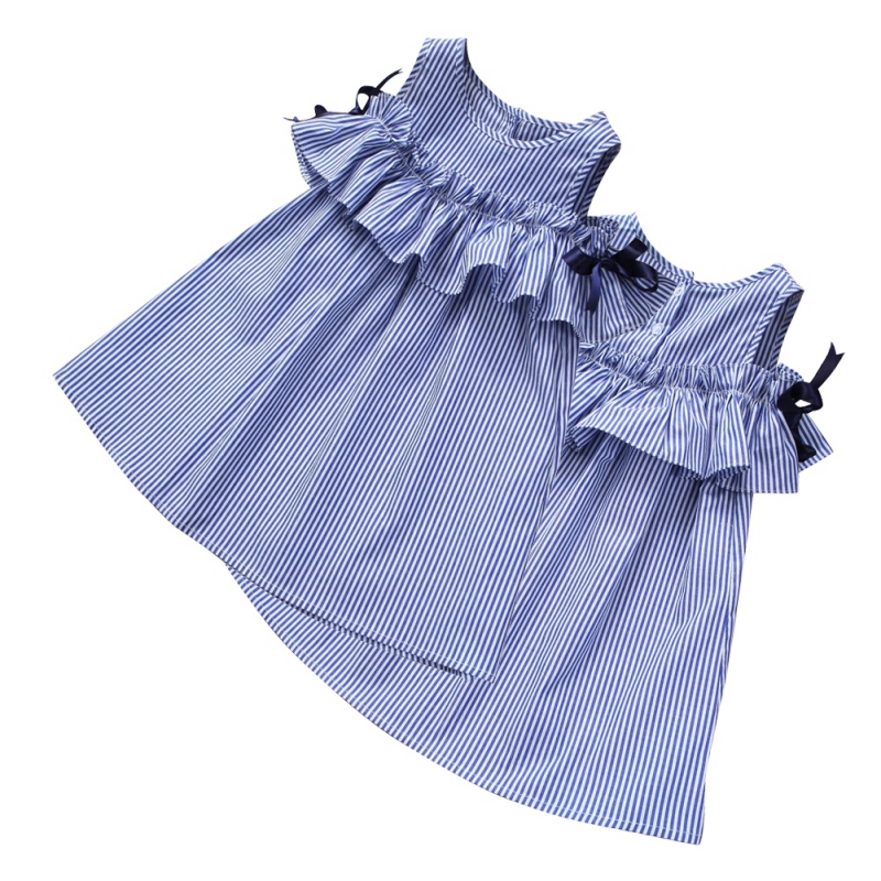 เดรสผ่าไหล่า ลายทาง สีฟ้า