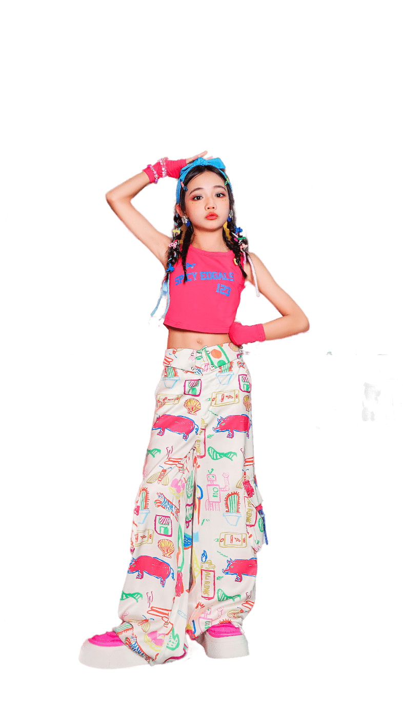 พร้อมส่ง ชุดเต้น เซ็ตเสื้อเอวลอย+กางเกงเอวพับขายาว พร้อมปลอกแขน