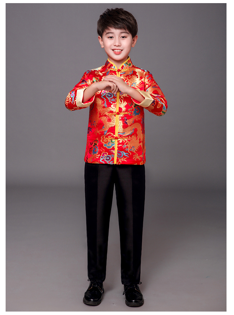 **พร้อมส่ง** ชุดจีน กี่เพ้า ชุดจีนเด็กชาย เสื้อสีแดงแขนขลิบทอง+สแลคดำ รุ่น 2