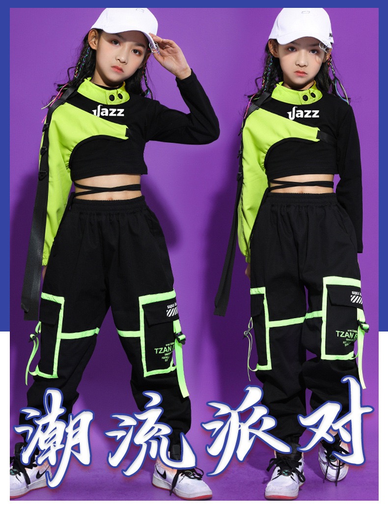 ชุดเต้น ชุดแดนซ์ ฮิปฮอป สีนีออน เสื้อสีดำ กางกงดำ