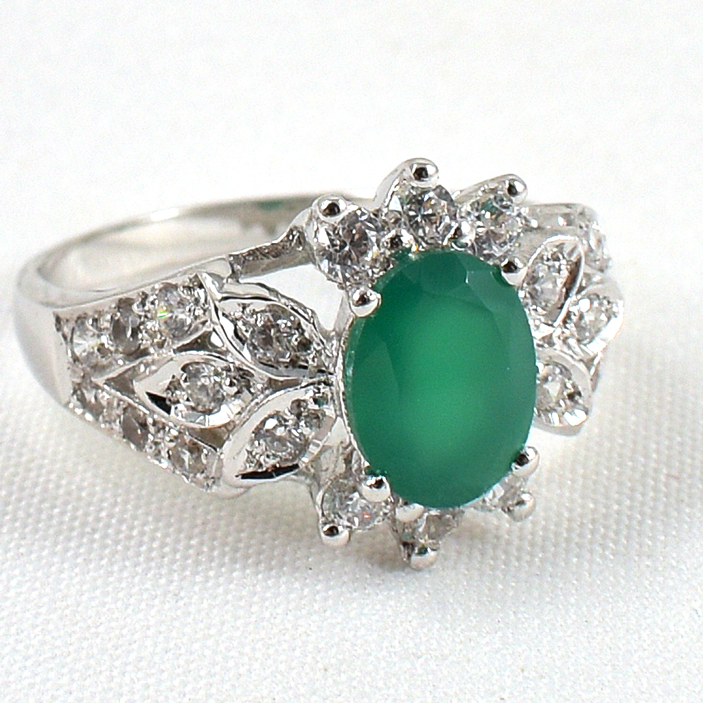 แหวนเงินแท้ราคาถูกชุบทองคำขาว พลอยแท้กรีนอะเกท 1.25 กะรัต เพชรCZ 0.27 กะรัต งานประณีตสวยงาม สั่งผลิตค่ะ