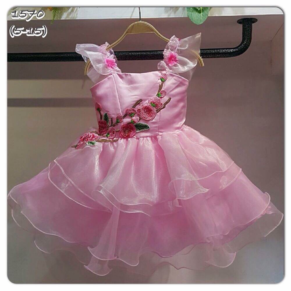 เดรสแขนเดี่ยวระบายกุหลาบ สีแดง สีชมพู