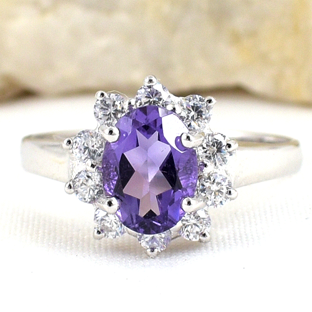 แหวนเงินแท้ราคาถูกชุบทองคำขาว แอมิทิสต์แท้ 1.25 กะรัต เพชรCZ 0.40 กะรัต งานประณีตสวยงาม สั่งผลิตค่ะ