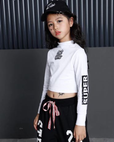 พร้อมส่ง ชุดเต้น ชุดฮิปฮอป สีขาวแขนยาวสีแดง+กางเกง