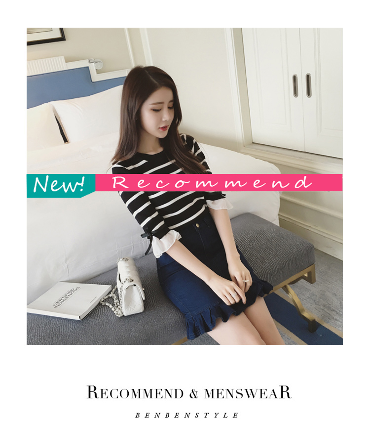 เสื้อยืดแฟชั่นลายริ้วขาวดำ คอกลม แขนสามส่วน ดีเทลแต่งโบว์ที่ปลายแขน ใส่เที่ยว หรือลำลอง สวยหวานน่ารักสไตล์เกาหลี