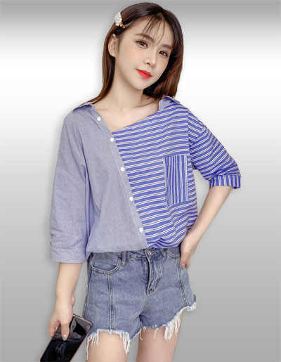 เสื้อแฟชั่นกระดุมเฉียงแต่งลายสุดเก๋สไตล์เกาหลี รหัส2184
