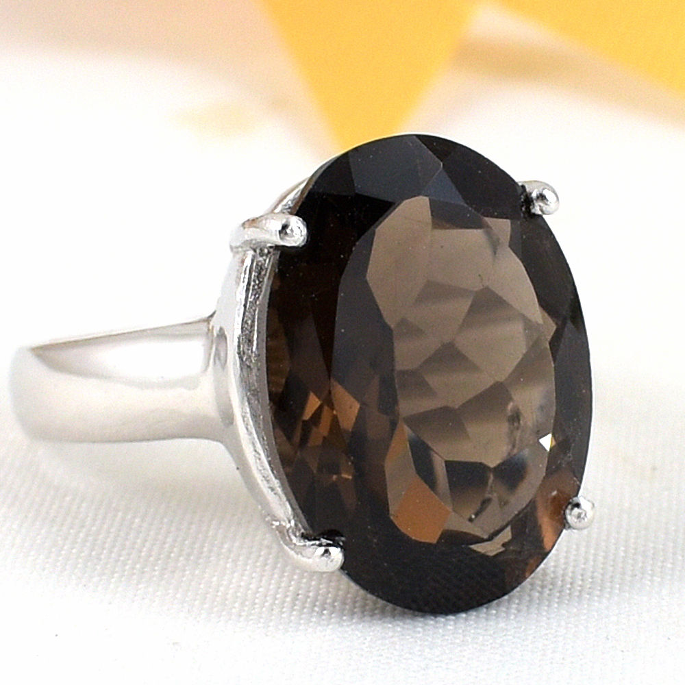 แหวนเงินแท้ราคาถูกชุบทองคำขาว พลอยแท้สโมกกี้ควอทซ์ 11.15 กะรัต งานประณีตสวยงาม สั่งผลิตค่ะ