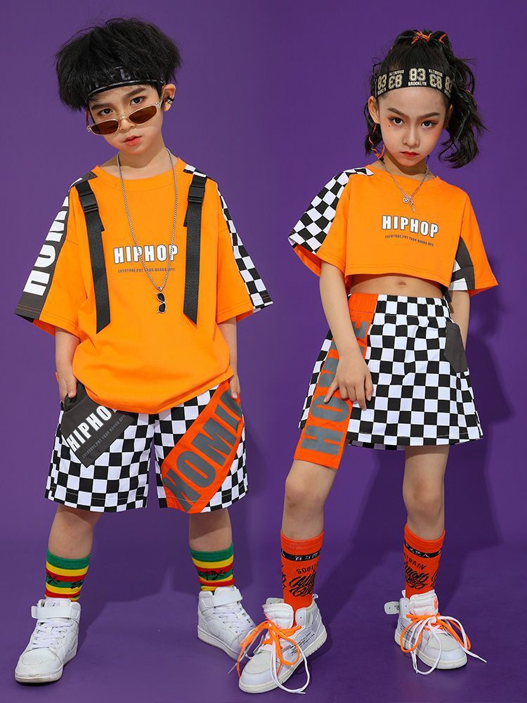 พร้อมส่ง ชุดเต้น ชุดเชียร์เด็ก เซ็ตสีส้ม ลายสก๊อต สีส้ม ชุดกีฬา สปอร์ต