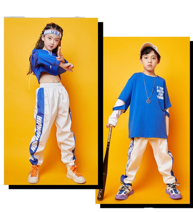 พร้อมส่ง ชุดเต้น ชุดแดนซ์ สไตล์ฮิปฮอป เซ็ตสีน้ำเงิน-ขาว