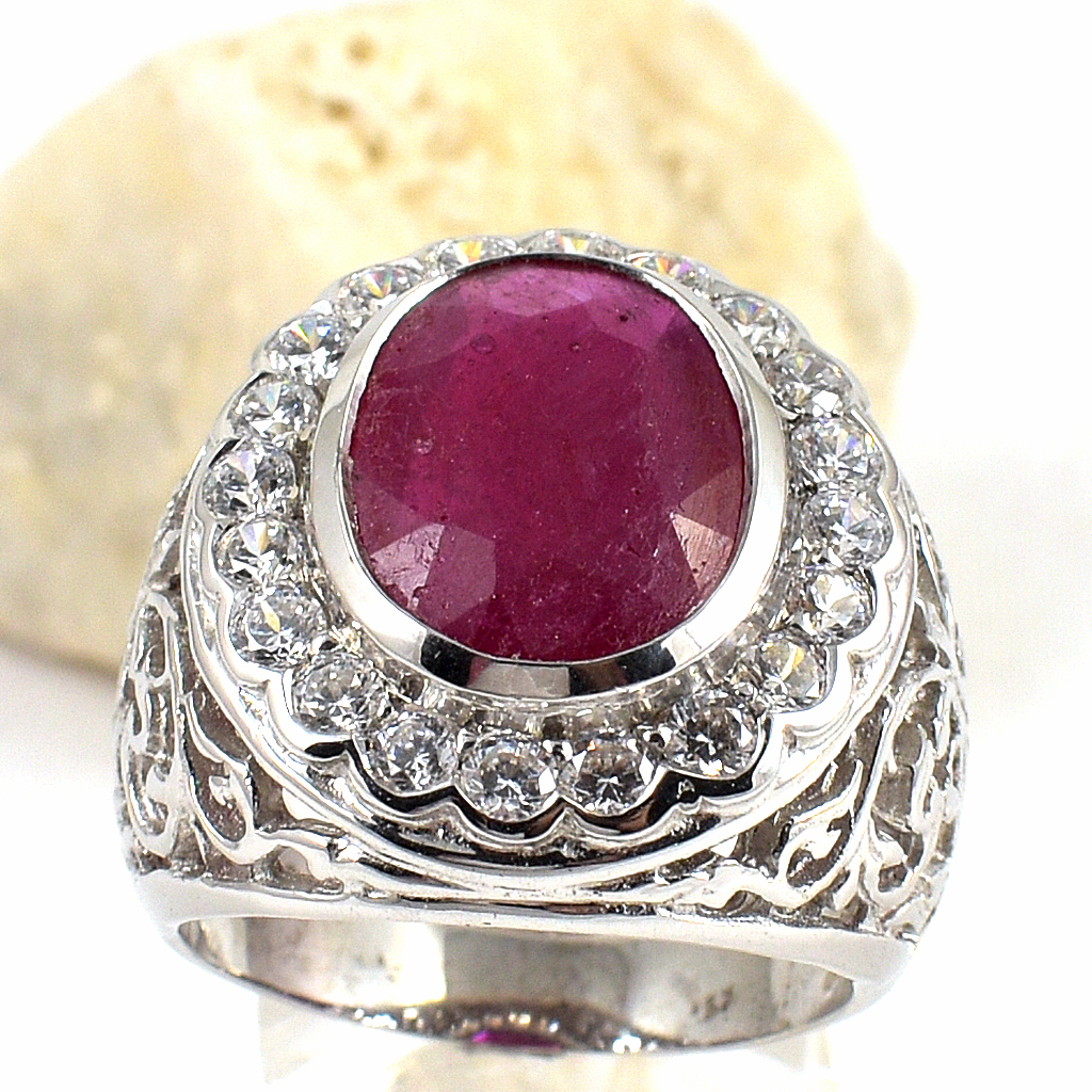 แหวนเงินแท้ราคาถูกชุบทองคำขาว พลอยแท้ทับทิม 12.50 กะรัต เพชรCZ 2.0 กะรัต งานประณีตสวยงาม สั่งผลิตค่ะ