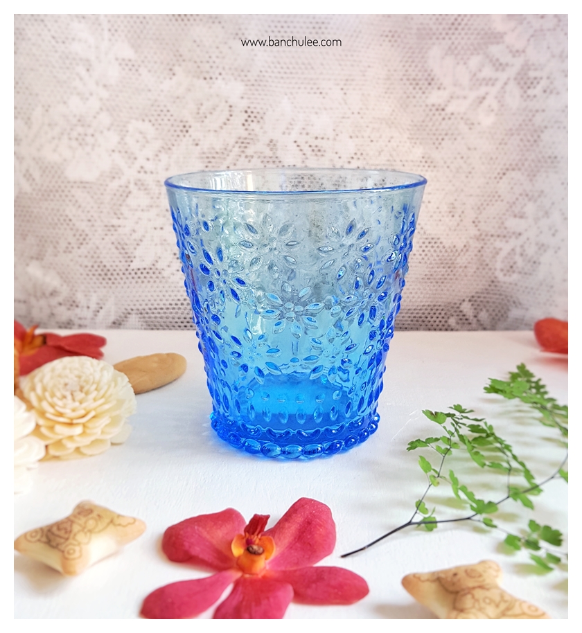 Vintage Short Glass Cup - Blue Flowers
