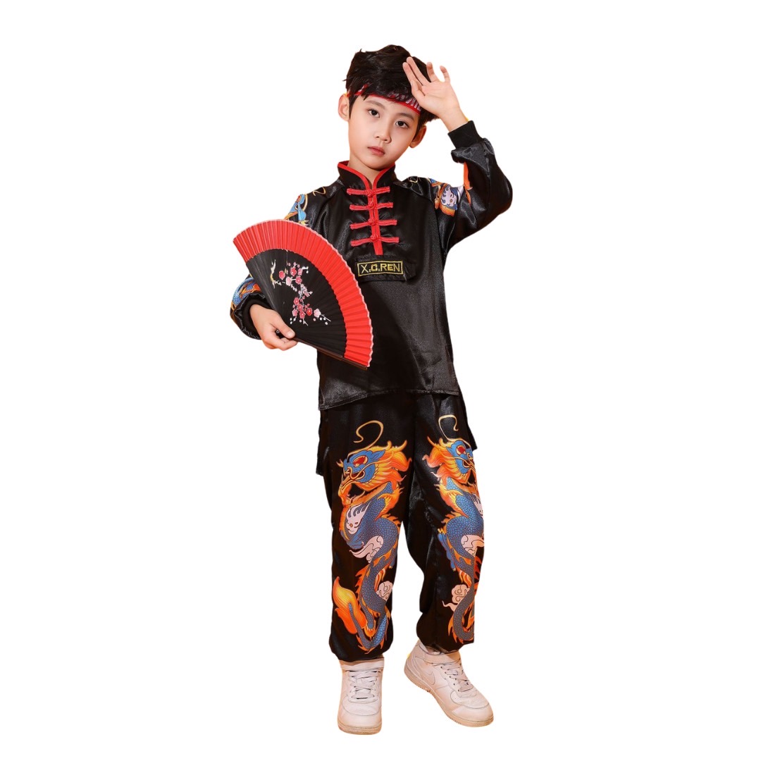 ชุดตรุษจีน เสื้อกี่เพ้าแขนยาวสีดำ+กางเกงขายาวมังกร