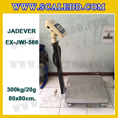 เครื่องชั่งดิจิตอลตั้งพื้น ยี่ห้อ JADEVER รุ่น EX-JWI-586 ขนาดแท่น 80x80cm. พิกัดน้ำหนัก 300kg ค่าละเอียด 20g พร้อมที่เข็นและล้อ