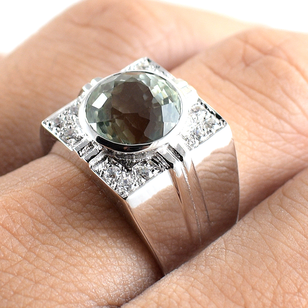 แหวนเงินแท้ราคาถูกชุบทองคำขาว กรีนแอมิทิสต์แท้ 3.16 กะรัต เพชรCZ 0.18 กะรัต งานประณีตสวยงาม สั่งผลิตค่ะ