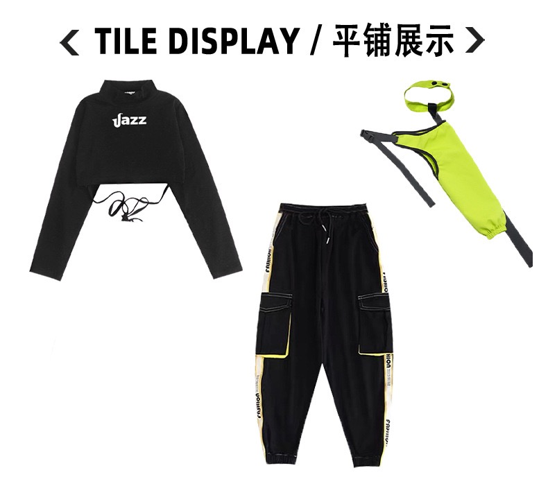 ชุดเต้น ชุดแดนซ์ ฮิปฮอป สีนีออน เสื้อสีดำ กางกงดำ