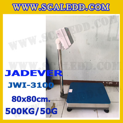 เครื่องชั่งดิจิตอลตั้งพื้น 500kg ยี่ห้อ JADEVER รุ่น JWI-3100 II ขนาดแท่น 80x80cm. เครื่องชั่งน้ำหนัก500กิโล เครื่องชั่งดิจิตอลชั่งน้ำหนัก500kg ตาชั่ง500kg ตาชั่งดิจิตอล500kg เครื่องชั่งดิจิตอล500kg พิกัดน้ำหนัก 500kg ค่าละเอียด 50g