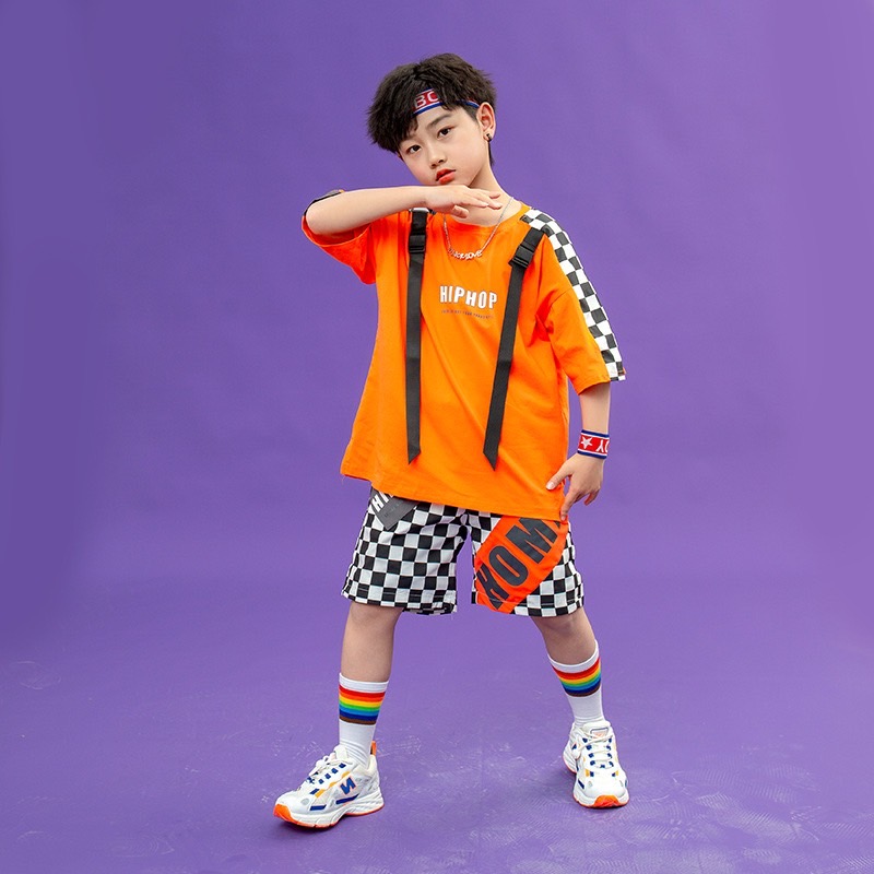 พร้อมส่ง ชุดเต้น ชุดเชียร์เด็ก เซ็ตสีส้ม ลายสก๊อต สีส้ม ชุดกีฬา สปอร์ต