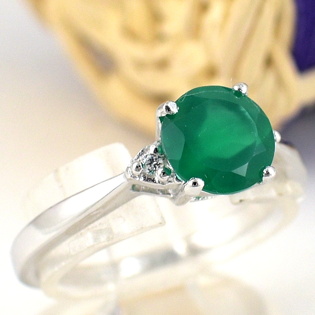 แหวนเงินแท้ราคาถูกชุบทองคำขาว พลอยแท้กรีนอะเกท 1.20 กะรัต เพชรCZ 0.02 กะรัต งานประณีตสวยงาม สั่งผลิตค่ะ