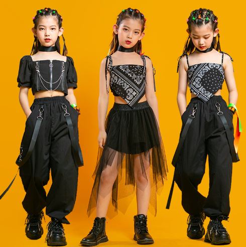 ชุดเต้น ฮิปฮอป เสื้อสามเหลี่ยม+กางเกงขายาวสีดำ