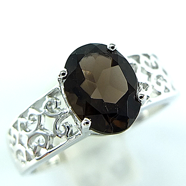 แหวนเงินแท้ราคาถูกชุบทองคำขาว พลอยแท้สโมกกี้ควอทซ์ 1.70 กะรัต งานประณีตสวยงาม สั่งผลิตค่ะ