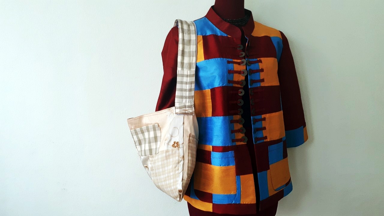 SIVA เสื้อคลุ้มผ้าไหมไทยตกแต่งวัสดุเหลือใช้ SIVA (ส่งฟรี) ดำ,น้ำตาล,ชมภู่,ฟ้า,แดงเลือดหมู M,L,XL,XXL