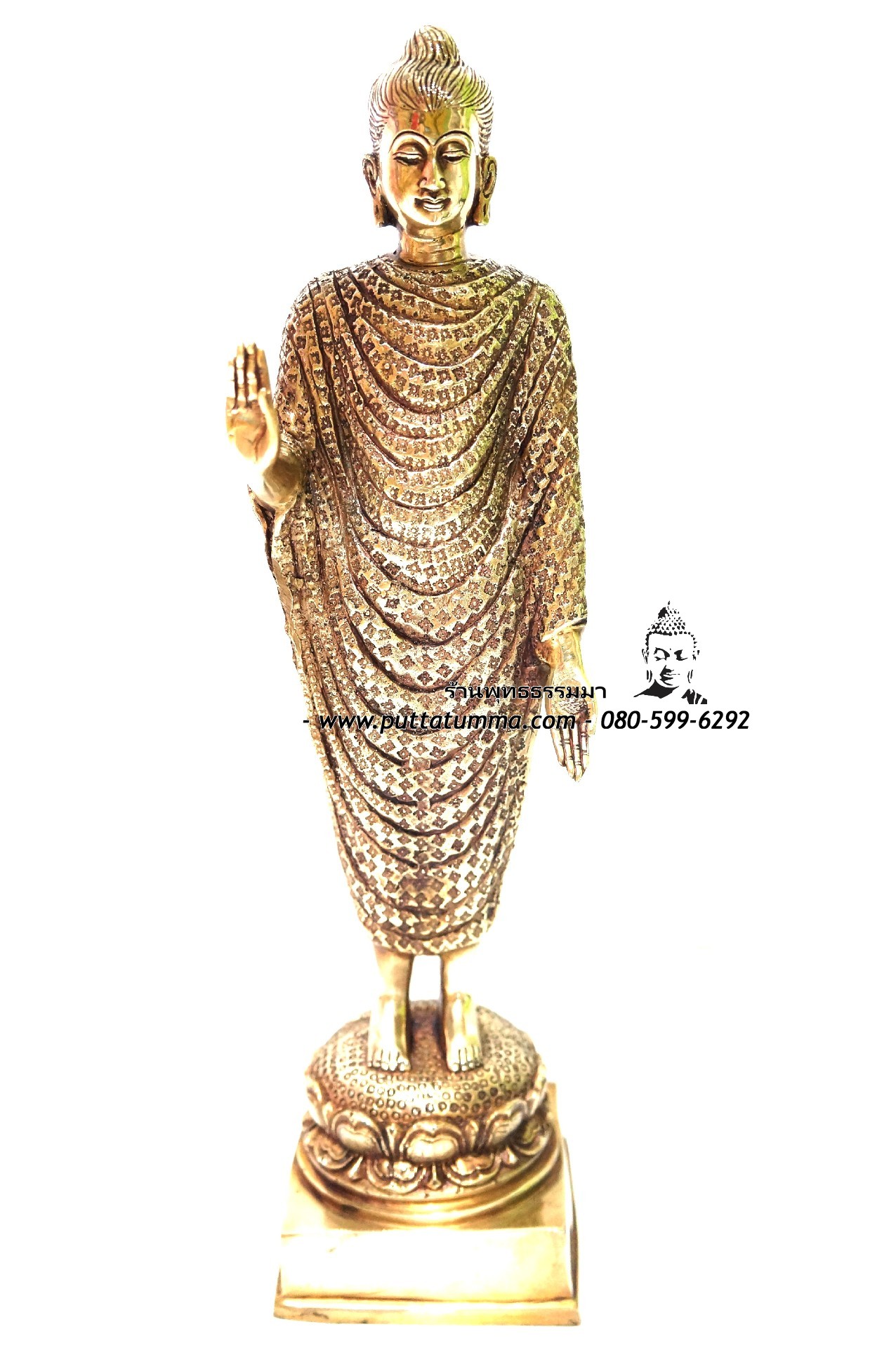 พระพุทธรูปปางประทานพร พิมพ์ยืน เนื้อโลหะทองเหลือง ขนาด 7 นิ้ว ฐาน 3.5 นิ้ว สูง 15 นิ้ว